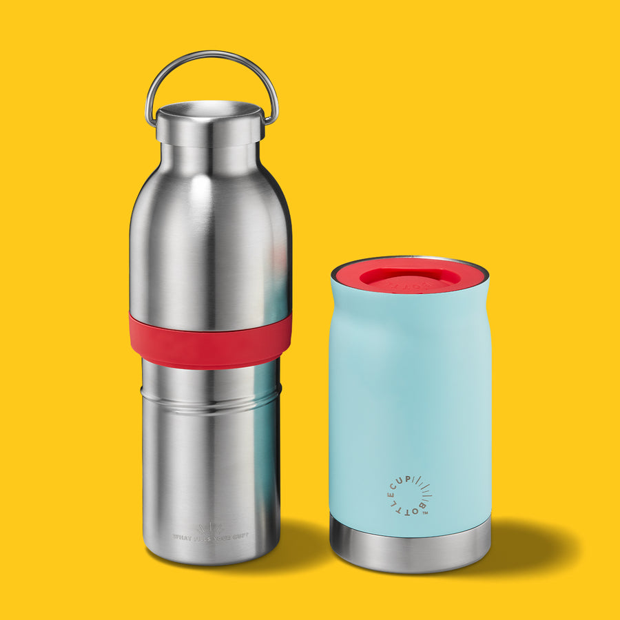 Combined 2-in-1 reusable coffee cup + water bottle